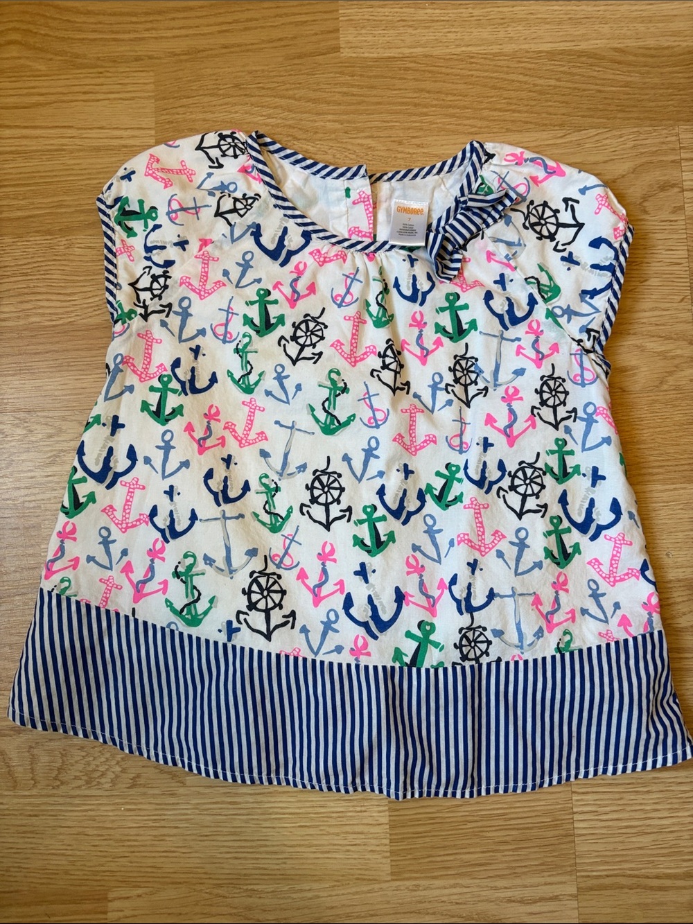 Gymboree White Nautical Anchor Print Top with Navy Stripe Hem